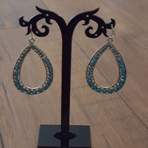 Turquoise Blue Beaded‎ Teardrop Dangle Earrings Silver Tone Boho Southwestern